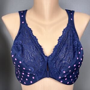Glamorise Front-Closure WonderWire Bra Size 34H Blue Pink Dot 1245 Underwire